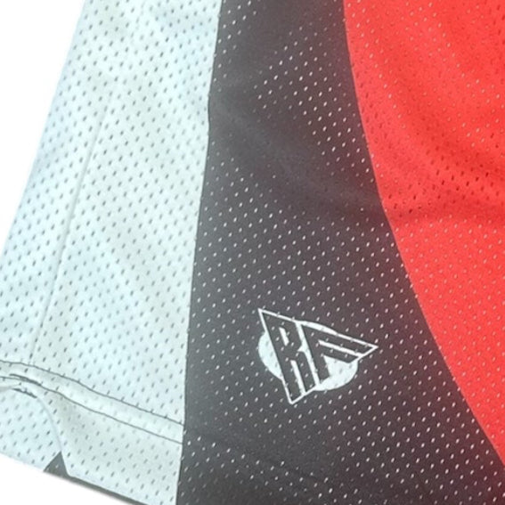 Close-up of RF-Wear Men's Mesh Kansas City Cityscape Shorts in Black/Red with RF logo