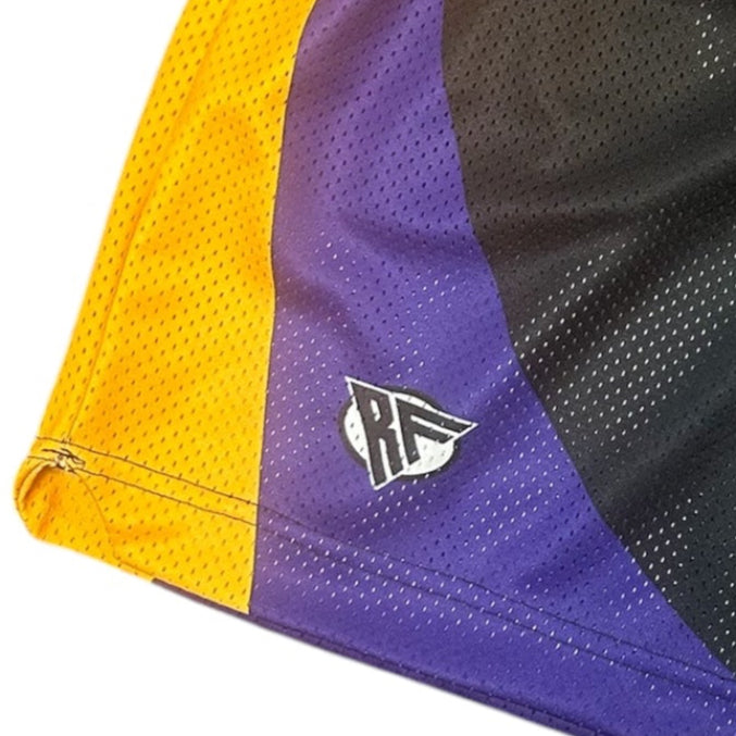 Close-up of RF-Wear Men's Mesh Minneapolis Cityscape Shorts in Black/Purple with RF logo