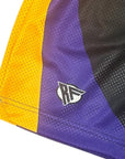 Close-up of RF-Wear Men's Mesh Minneapolis Cityscape Shorts in Black/Purple with RF logo