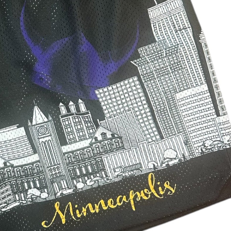 Close-up of RF-Wear Men's Mesh Minneapolis Cityscape Shorts in Black/Purple 