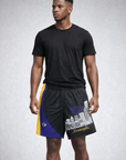Man wearing black t-shirt and RF-Wear Men's Mesh Minneapolis Cityscape Shorts in  Black/Purple