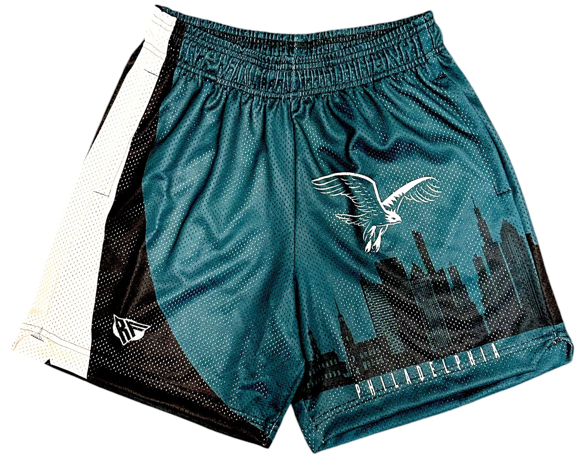 RF-Wear Men's Mesh Philadelphia Cityscape Shorts in Green/Black