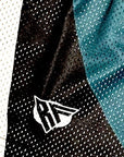 Close-up of RF-Wear Men's Mesh Philadelphia Cityscape Shorts in Green/Black with RF logo