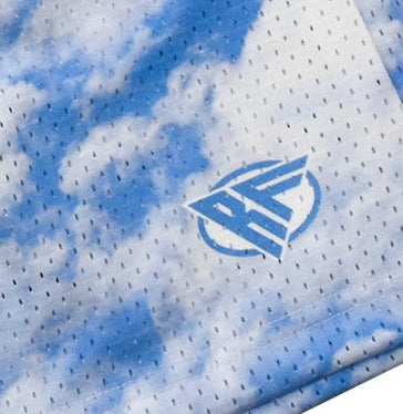 Close-up of RF-Wear Men's Mesh Cloud Shorts in Blue with RF logo