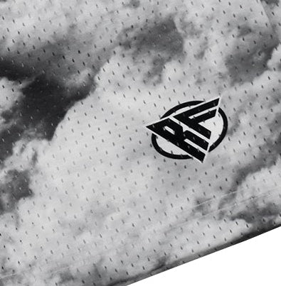 Close up of RF-Wear Men's Mesh Cloud Shorts in Grey with RF logo