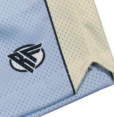 Close-up of RF-Wear Men's Mesh Cream Stripe V-Cut Shorts in Blue with RF logo