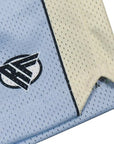 Close-up of RF-Wear Men's Mesh Cream Stripe V-Cut Shorts in Blue with RF logo