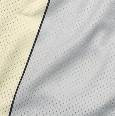 Close-up of RF-Wear Men's Mesh Cream Stripe V-Cut Shorts in Grey
