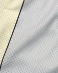 Close-up of RF-Wear Men's Mesh Cream Stripe V-Cut Shorts in Grey