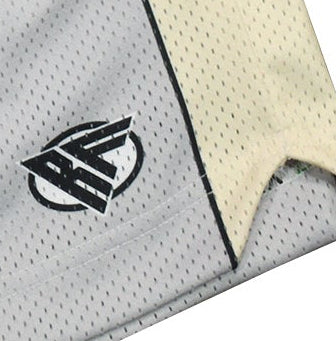 Close-up of RF-Wear Men's Mesh Cream Stripe V-Cut Shorts in Grey with RF logo