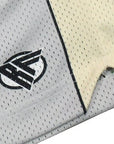 Close-up of RF-Wear Men's Mesh Cream Stripe V-Cut Shorts in Grey with RF logo