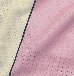 Close-up of RF-Wear Men's Mesh Cream Stripe V-Cut Shorts in Pink