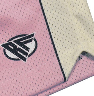 Close-up of RF-Wear Men's Mesh Cream Stripe V-Cut Shorts in Pink with RF logo