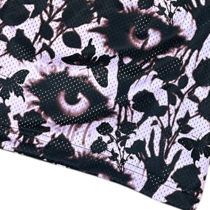 Close-up of RF-Wear Men's Mesh Creepy Garden Shorts in Twilight/Black