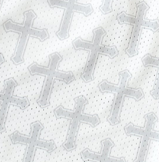 Close-up of RF-Wear Men's Mesh Cross 2.0 Shorts in White