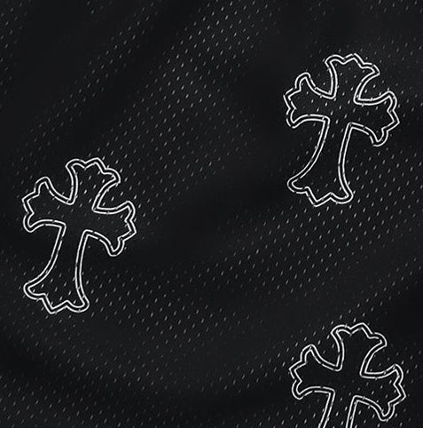 Close-up of RF-Wear Men's Mesh Cross 3.0 Shorts in Black/Grey