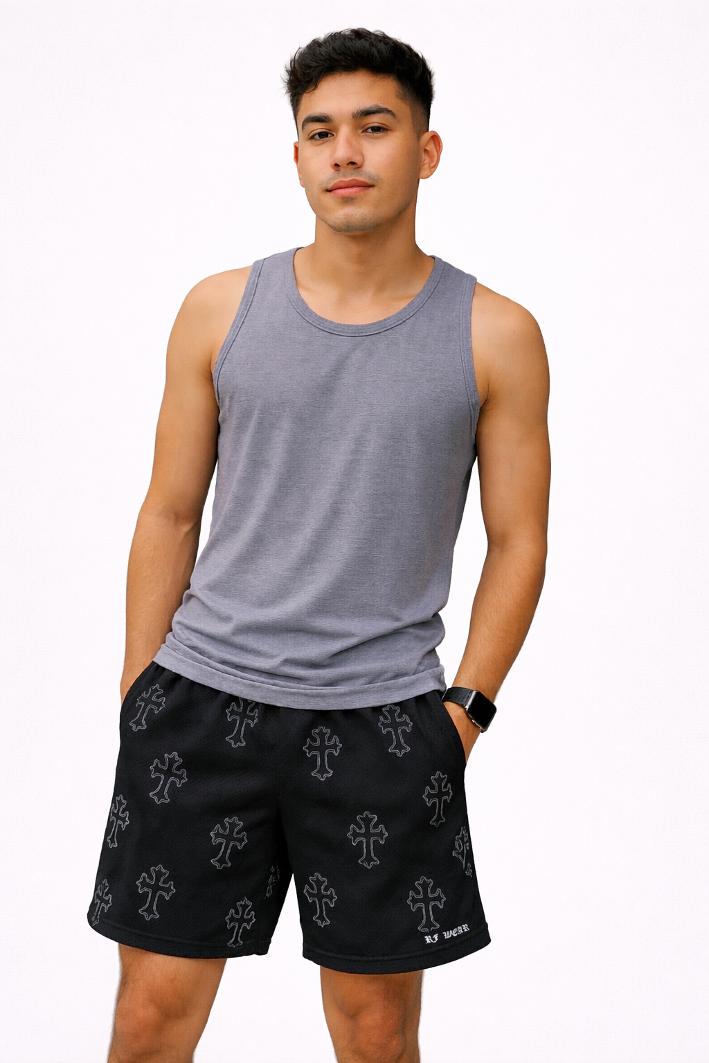 Man wearing a grey tank top and RF-Wear Men's Mesh Cross 3.0 Shorts in Black/Grey