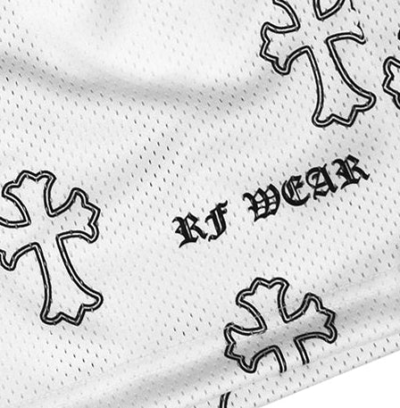 Close-up of RF-Wear Men's Mesh Cross Shorts  3.0 in White/Black with RF WEAR logo
