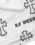 Close-up of RF-Wear Men's Mesh Cross Shorts  3.0 in White/Black with RF WEAR logo