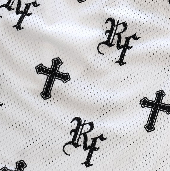 Close-up of RF-Wear Men's Mesh Cross Shorts in White