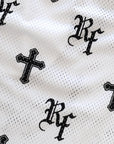 Close-up of RF-Wear Men's Mesh Cross Shorts in White
