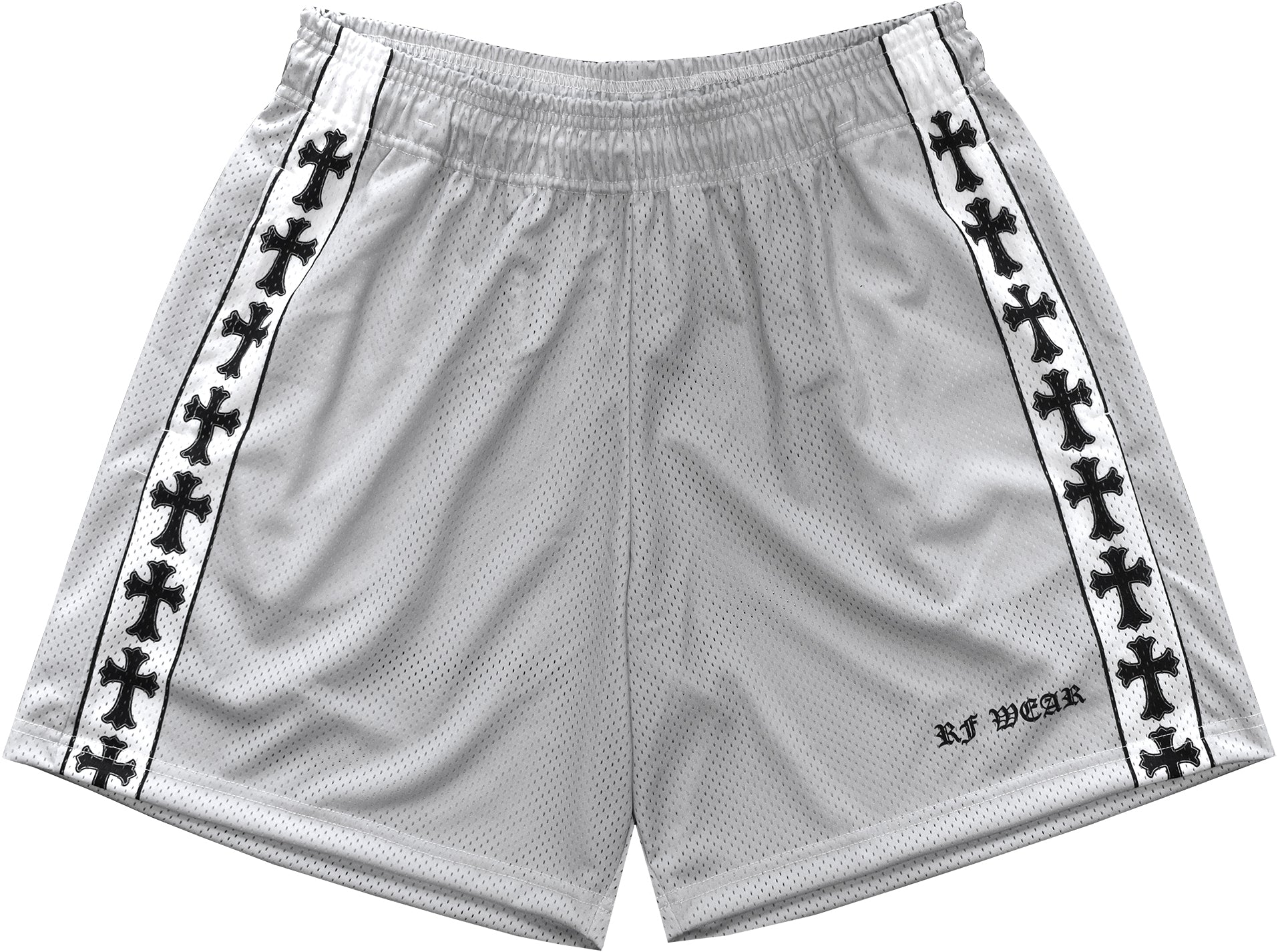 RF-Wear Men's Mesh Cross Trim Shorts in Grey with Black Crosses Trim.