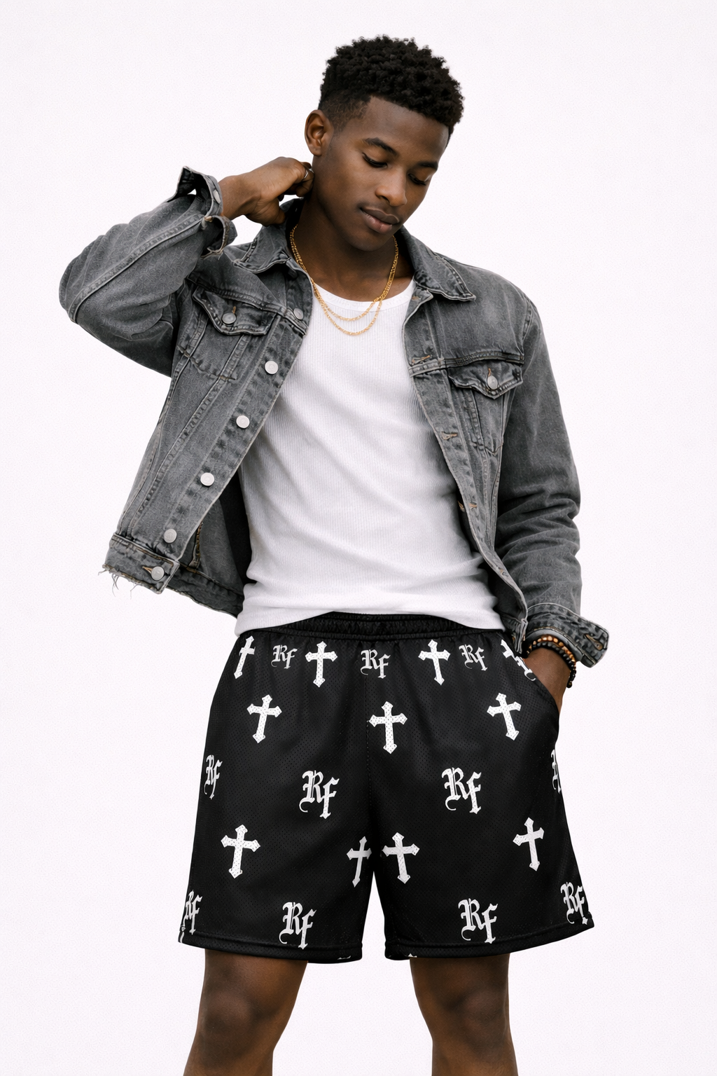 Man wearing white top, jean jacket and RF-Wear Men's Mesh Cross Shorts in Black 