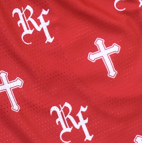 Close-up of RF-Wear Men's Mesh Crosses Shorts in Red 