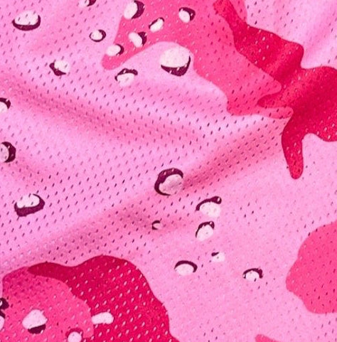 Close-up of RF-Wear Men's Mesh Desert Camo Shorts in Pink