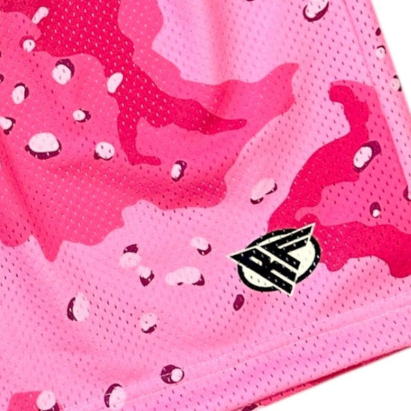 Close-up of RF-Wear Men's Mesh Desert Camo Shorts in Pink with RF logo