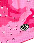 Close-up of RF-Wear Men's Mesh Desert Camo Shorts in Pink with RF logo