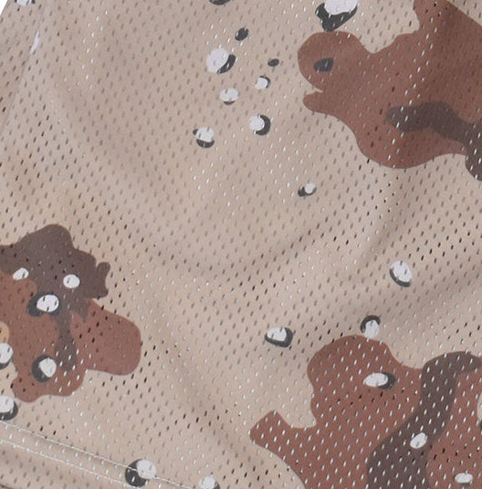 Close-up of RF-Wear Men's Mesh Desert Camo Shorts in Tan/Brown 