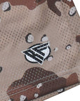 Close-up of RF-Wear Men's Mesh Desert Camo Shorts in Tan/Brown with RF logo