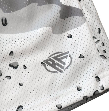 Close-up of RF-Wear Men's Mesh Desert Camo Shorts in White with RF logo