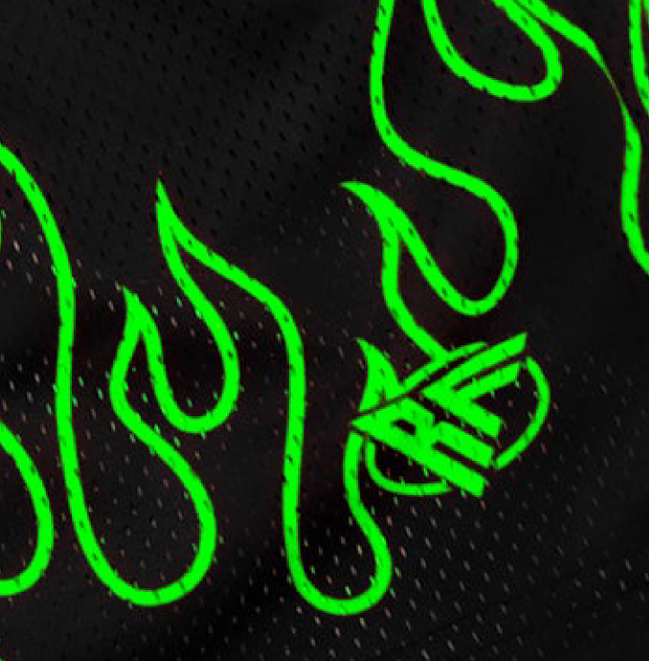 Close-up of RF-Wear Men's Mesh Fire Shorts  in Black/Green with RF logo