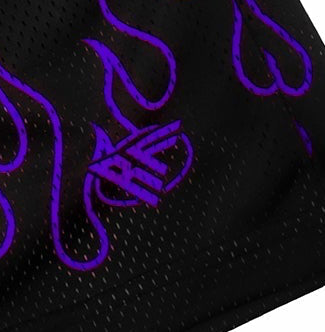 Close-up of RF-Wear Men's Mesh Fire Shorts in Black/Purple with RF logo