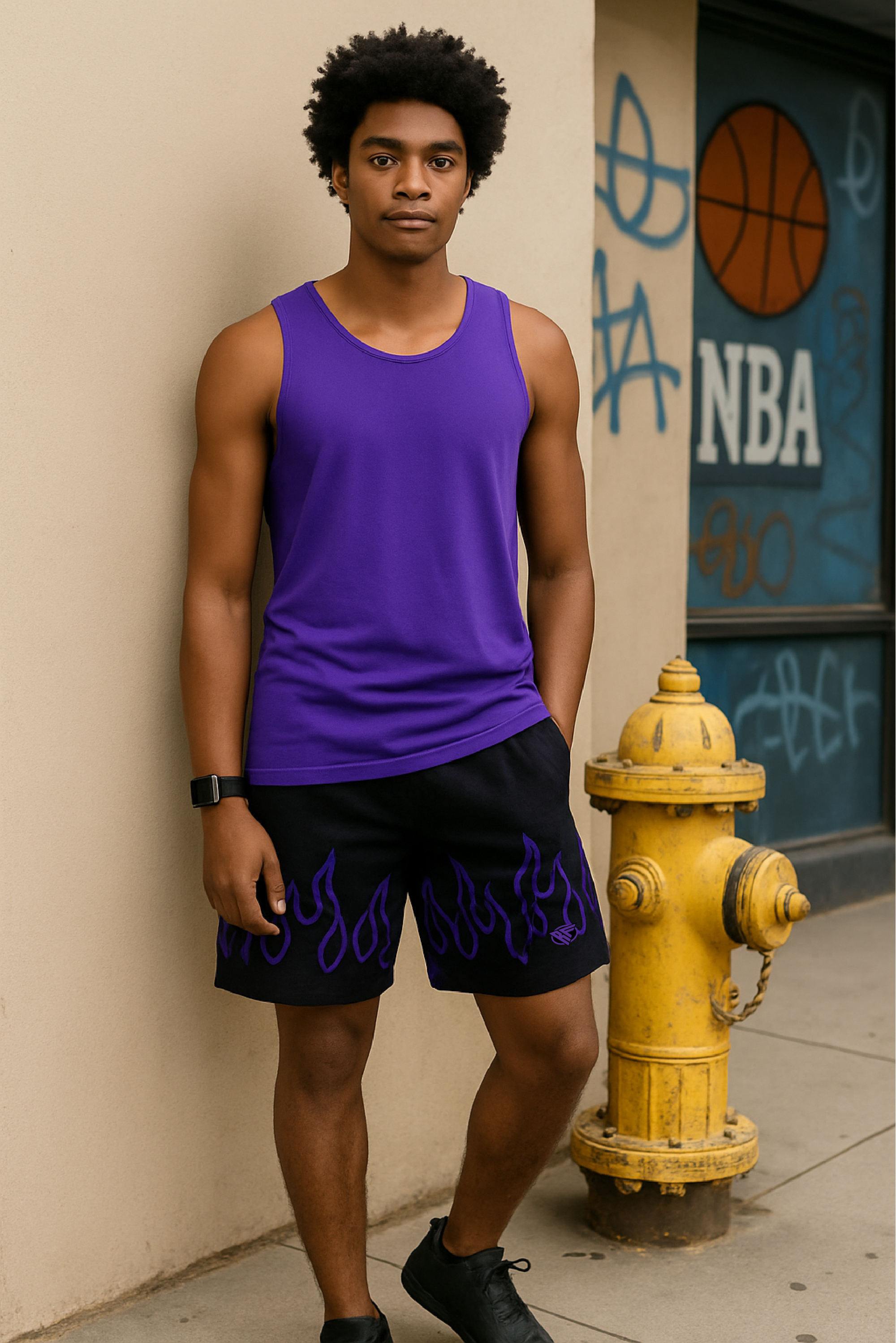 Man wearing purple tank top and RF-Wear Men's Mesh Fire Shorts in Black/Purple - Model Front View
