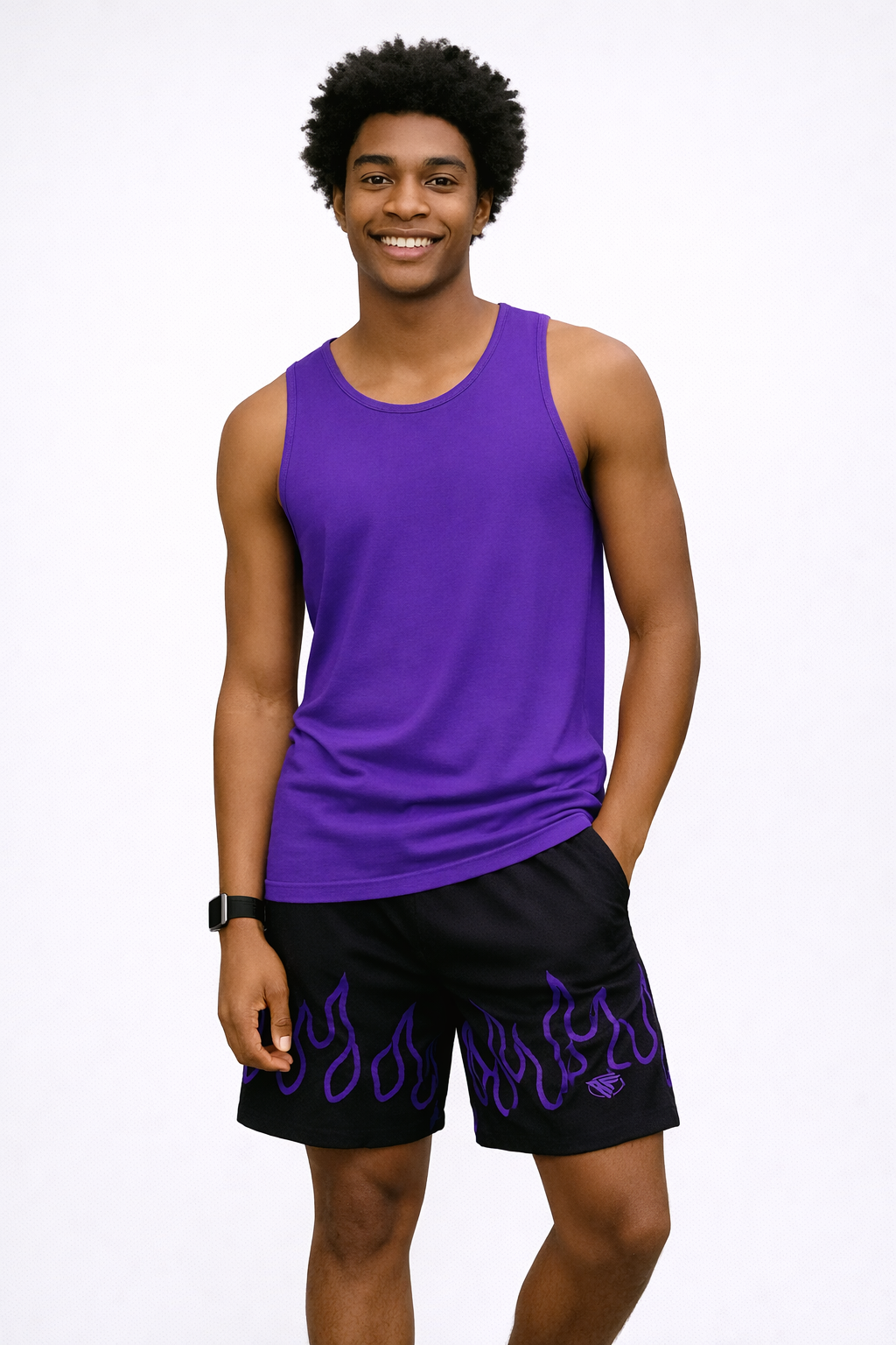 Man wearing a purple tank top and RF-Wear Men's Mesh Fire Shorts in Black/Purple