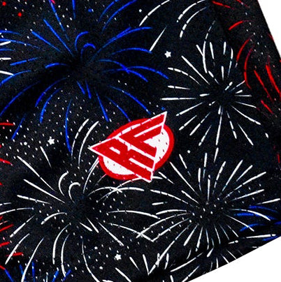 Close-up for RF-Wear Men's Mesh Fireworks Shorts in Black/Red/White/Blue with RF logo