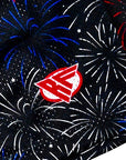 Close-up for RF-Wear Men's Mesh Fireworks Shorts in Black/Red/White/Blue with RF logo