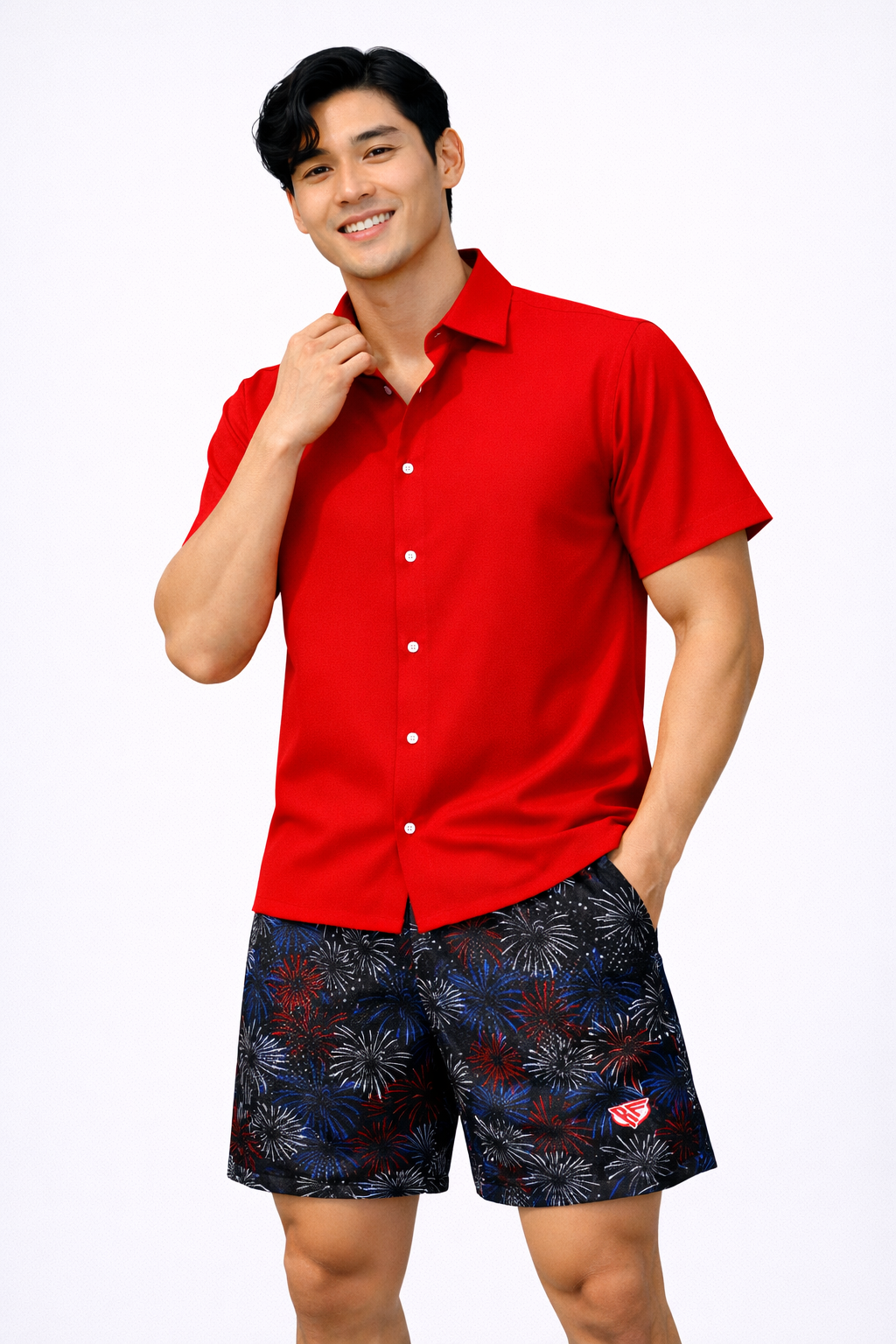 Man wearing a red shirt and RF-Wear Men's Mesh Fireworks Shorts in Black/Red/White/Blue
