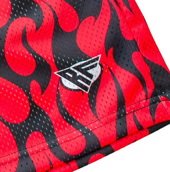 Close-up of RF-Wear Men's Mesh Flame Shorts - Black/Red with RF logo