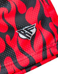 Close-up of RF-Wear Men's Mesh Flame Shorts - Black/Red with RF logo