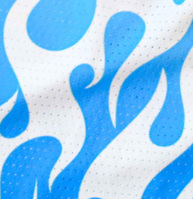 Close-up of RF-Wear Men's Mesh Flame Shorts in White/Blue 