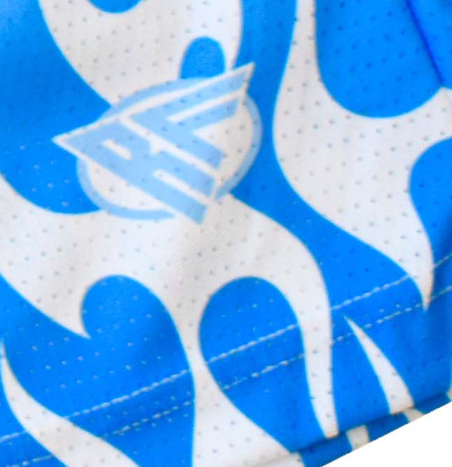 Close-up of RF-Wear Men's Mesh Flame Shorts in White/Blue with RF logo