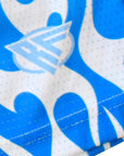 Close-up of RF-Wear Men's Mesh Flame Shorts in White/Blue with RF logo