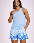 Man wearing a light blue tank top and RF-Wear Men's Mesh Flame Shorts in White/Blue 