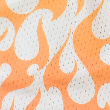 Close-up of RF-Wear Men's Mesh Flame Shorts in White/Orange 
