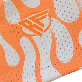Close-up of RF-Wear Men's Mesh Flame Shorts in White/Orange with RF logo