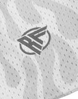 Close-up of RF-Wear Men's Mesh Flame Shorts in White/Grey with RF logo
